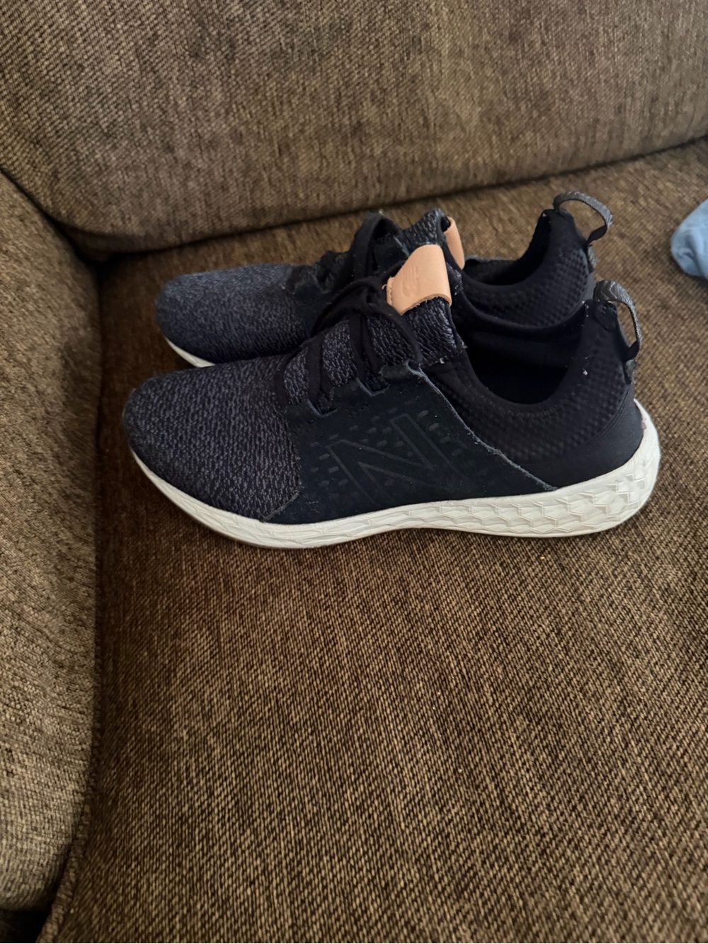 New Balance Black Knit Sneakers with White Sole and Tan Accent